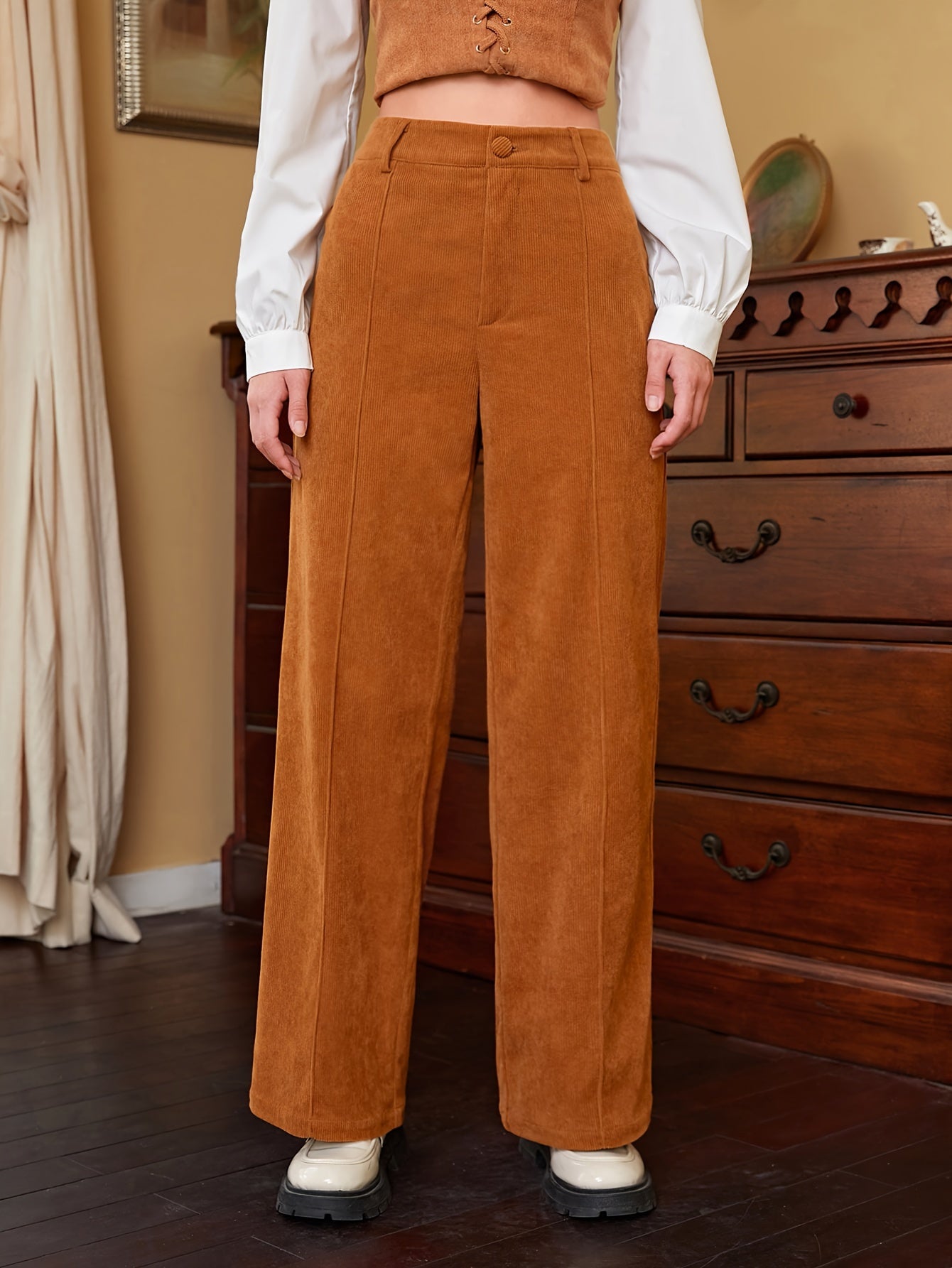 Antmvs Solid Corduroy Button Front Pants, Casual Wide Leg Pants For Fall & Winter, Women's Clothing