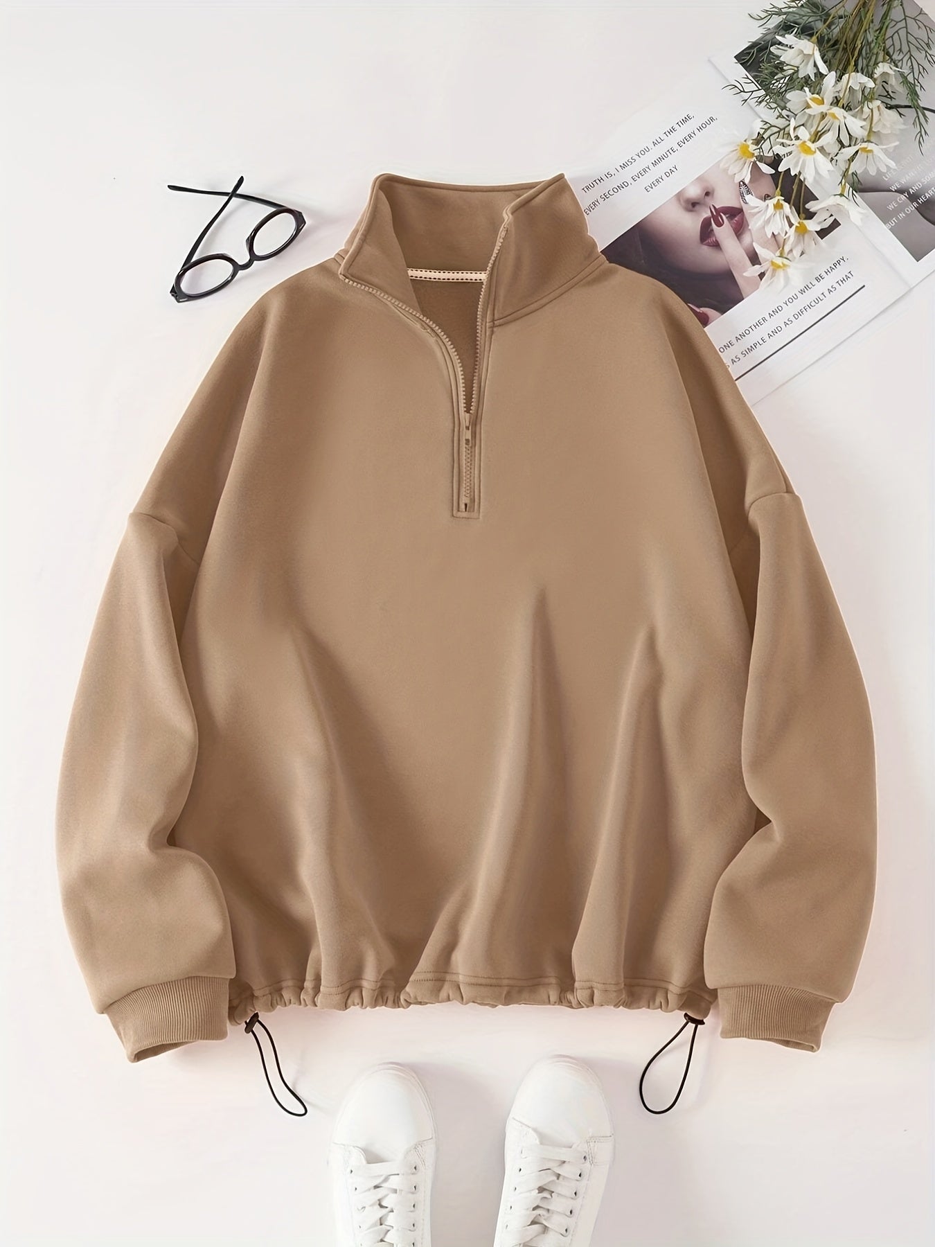 Antmvs Solid Quarter Zip Pullover Sweatshirt, Casual Long Sleeve Mock Neck Sweatshirt For Fall & Winter, Women's Clothing