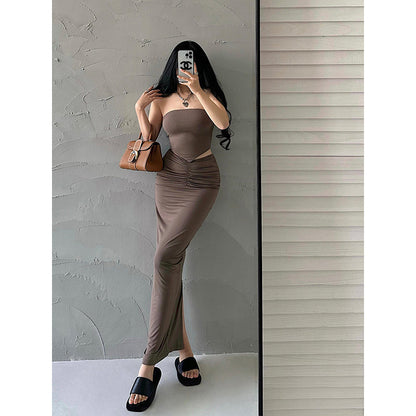 Antmvs Presila Solid Color Sleeveless Slim Bandeau Tube Top + Solid Color Pleated High V-Waist Back Slit Long Slim Skirt Matching Set