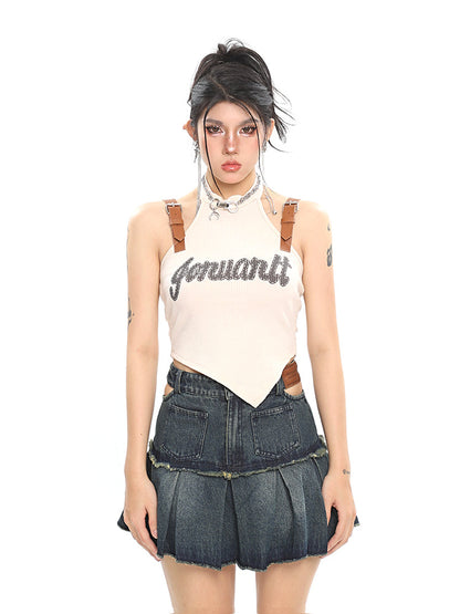 Antmvs Jenuarlt Graphic Letter Print Ribbed Halter Slim Sleeve Strap Top