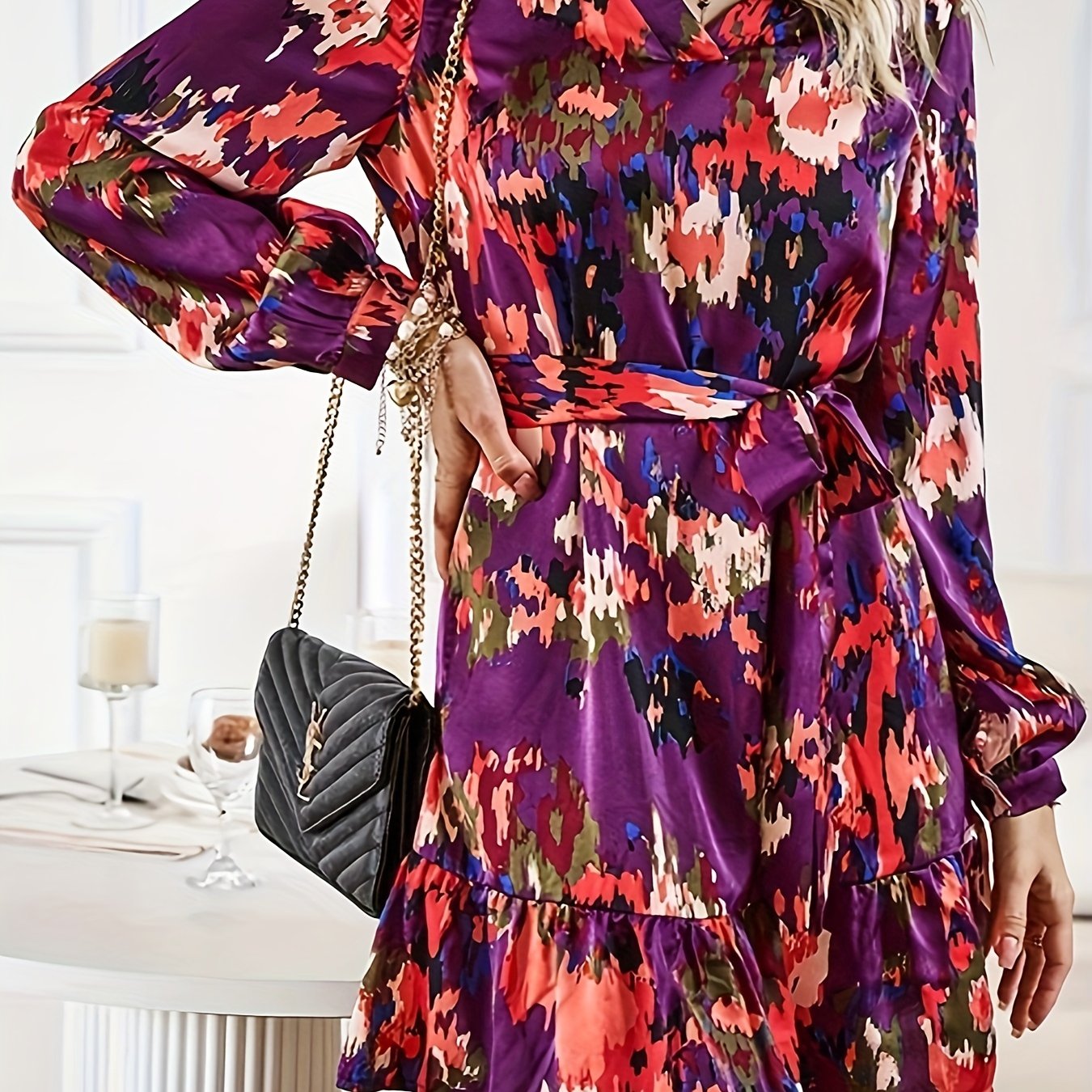 Antmvs Allover Print Long Sleeve Dress, Casual V Neck Tie-neck Ruffle Hem Dress, Women's Clothing