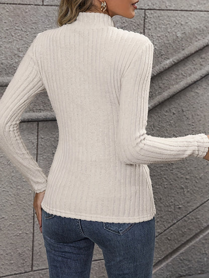 Antmvs Ribbed Turtleneck T-Shirt, Casual Long Sleeve Top For Winter & Fall, Women's Clothing