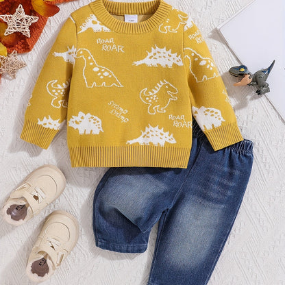 2pcs Baby Boys Cotton Dinosaur Print Long Sleeve Sweater & Elastic Denim Trousers, Comfortable & Warm Clothes For Fall Winter