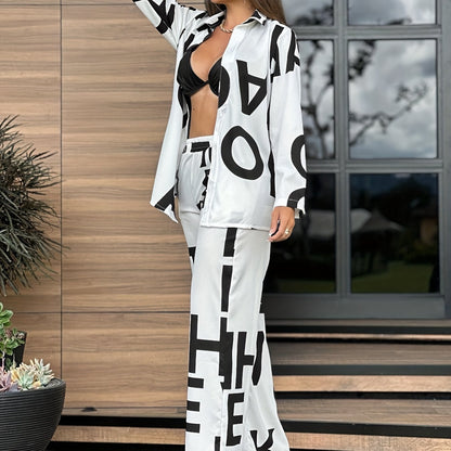 Antmvs Letter Print Casual Two-piece Set, Open Front Long Sleeve Tops & Wide Leg Pants Outfits, Women's Clothing