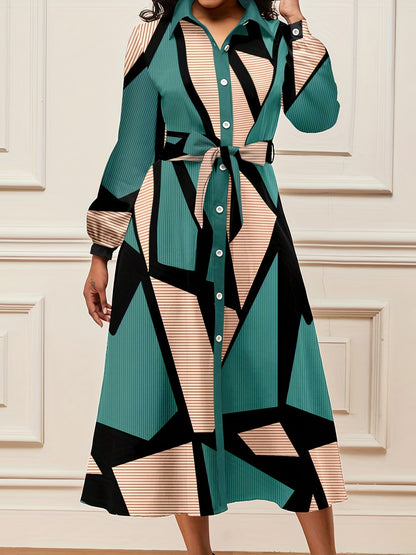 Antmvs Geo Print Button Front Dress, Casual Long Sleeve Midi Dress, Women's Clothing