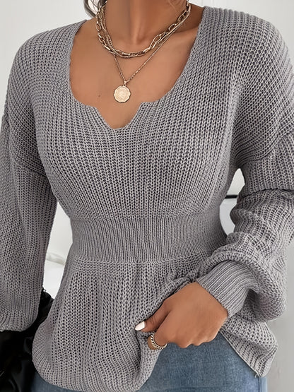 Antmvs Solid Notched Neck Knit Sweater, Elegant Cinched Waist Ruffle Long Sleeve Sweater, Women's Clothing