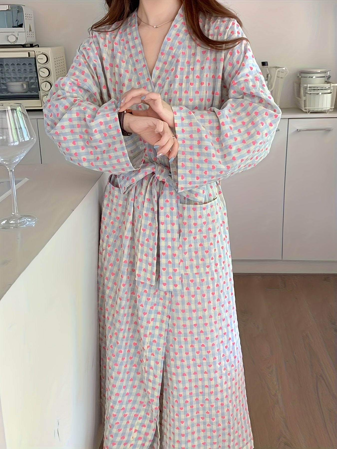 Casual Chic Plaid Print Long Sleeve V Neck Belted Robe with Pockets - Women's Loungewear & Dresses - Soft, Cozy, and Stylish Lounging Essential for Relaxation