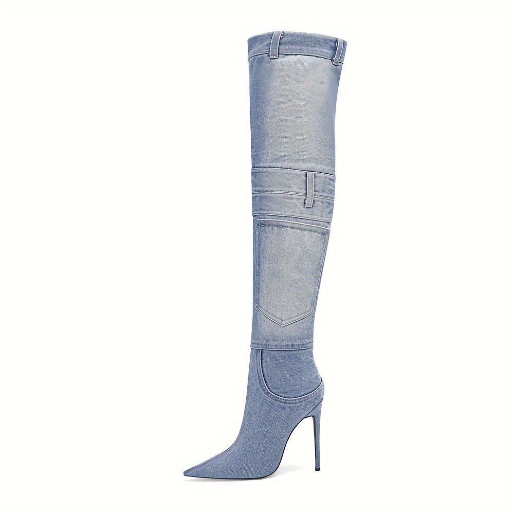 Chic Denim Moto Boots for Women - High-Heeled, Pointed Toe, Stiletto Heel, Canvas Style with Fashionable Pocket Detail