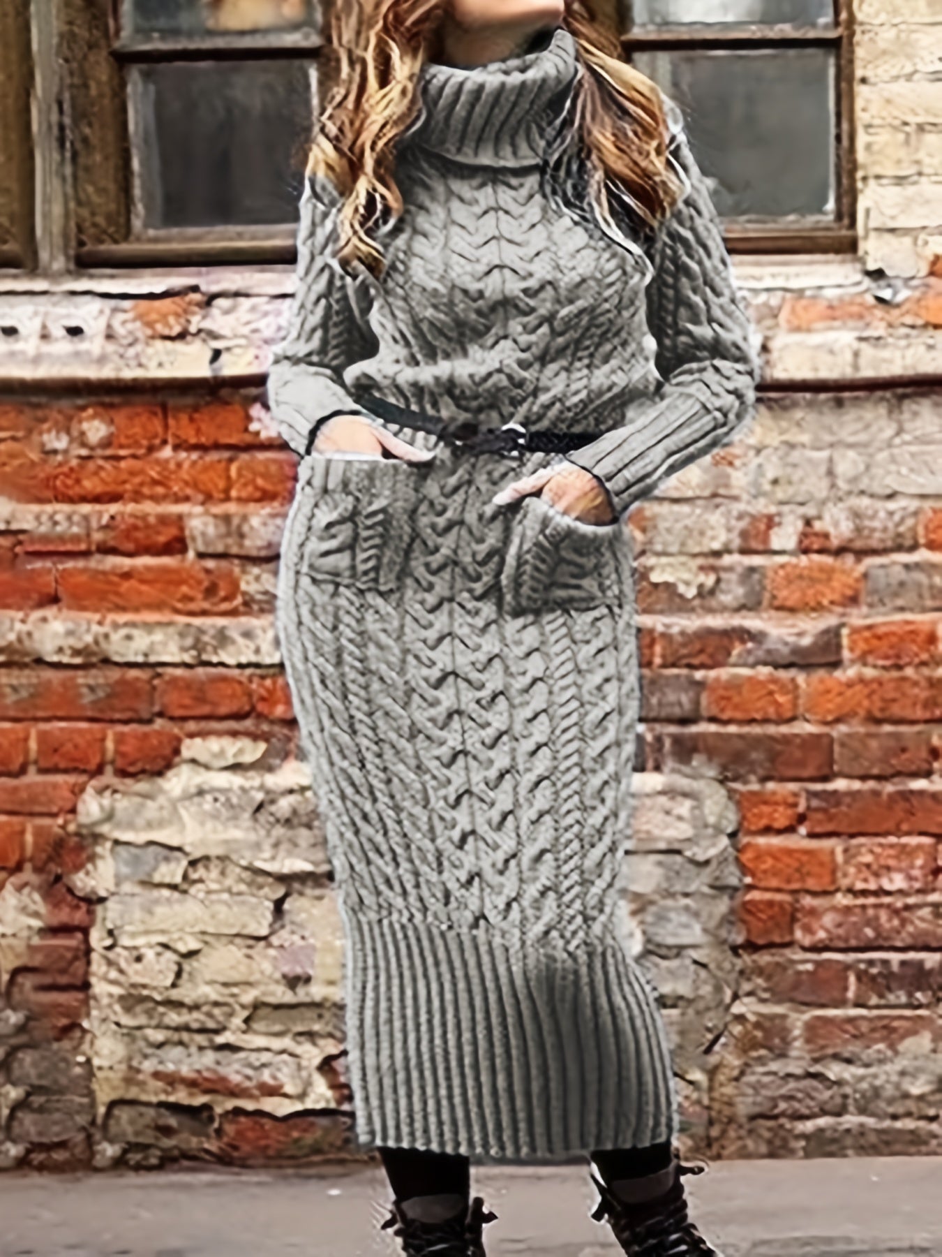 Antmvs Solid Cable Knit Sweater Dress, Casual Turtleneck Long Sleeve Pocket Front Dress, Women's Clothing