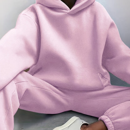 Antmvs Casual Solid Two-piece Set, Drop Shoulder Long Sleeve Hoodies & Elastic Waist Jogger Pants Outfits, Women's Clothing