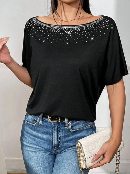 Antmvs Split-Joint Rhinestone Loose Batwing Sleeves One-Shoulder T-Shirts