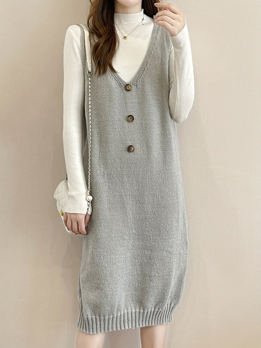 Antmvs Plunging Solid Midi Dress, Elegant Sleeveless Knitted Dress With Buttons, Women's Clothing