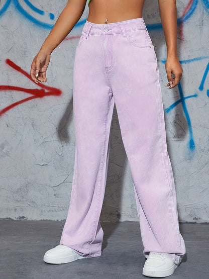 Antmvs Purple Loose Fit Straight Jeans, Slash Pockets Non-Stretch Mid Waist Baggy Denim Pants, Women's Denim Jeans & Clothing