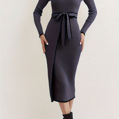 Antmvs Contrast Trim High Neck Dress, Elegant Long Sleeve Bodycon Midi Dress, Women's Clothing