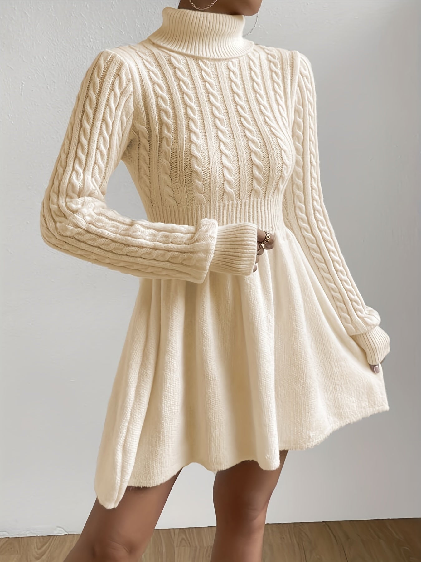 Antmvs Cable Knit Sweater Dress, Elegant Turtleneck Long Sleeve Dress, Women's Clothing