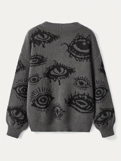 Antmvs Eye Pattern Crew Neck Sweater, Y2K Long Sleeve Pullover Sweater, Women's Clothing