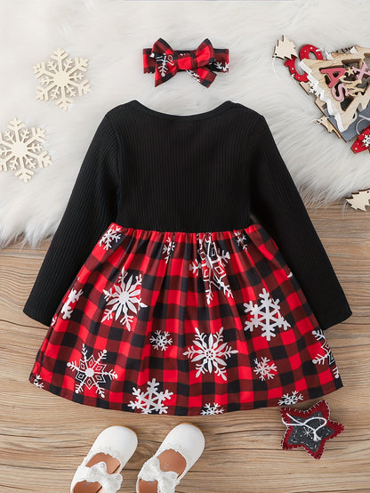 2pcs Toddler Girls' Rib Knit Christmas Dress Set: Patchwork Snowflake Printed Plaid + Headband