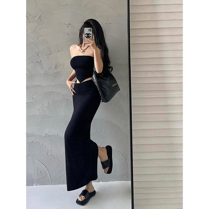 Antmvs Presila Solid Color Sleeveless Slim Bandeau Tube Top + Solid Color Pleated High V-Waist Back Slit Long Slim Skirt Matching Set