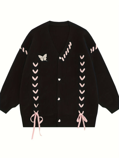 Antmvs Lace Up Button Down Knit Cardigan, Casual Long Sleeve Loose Sweater, Women's Clothing