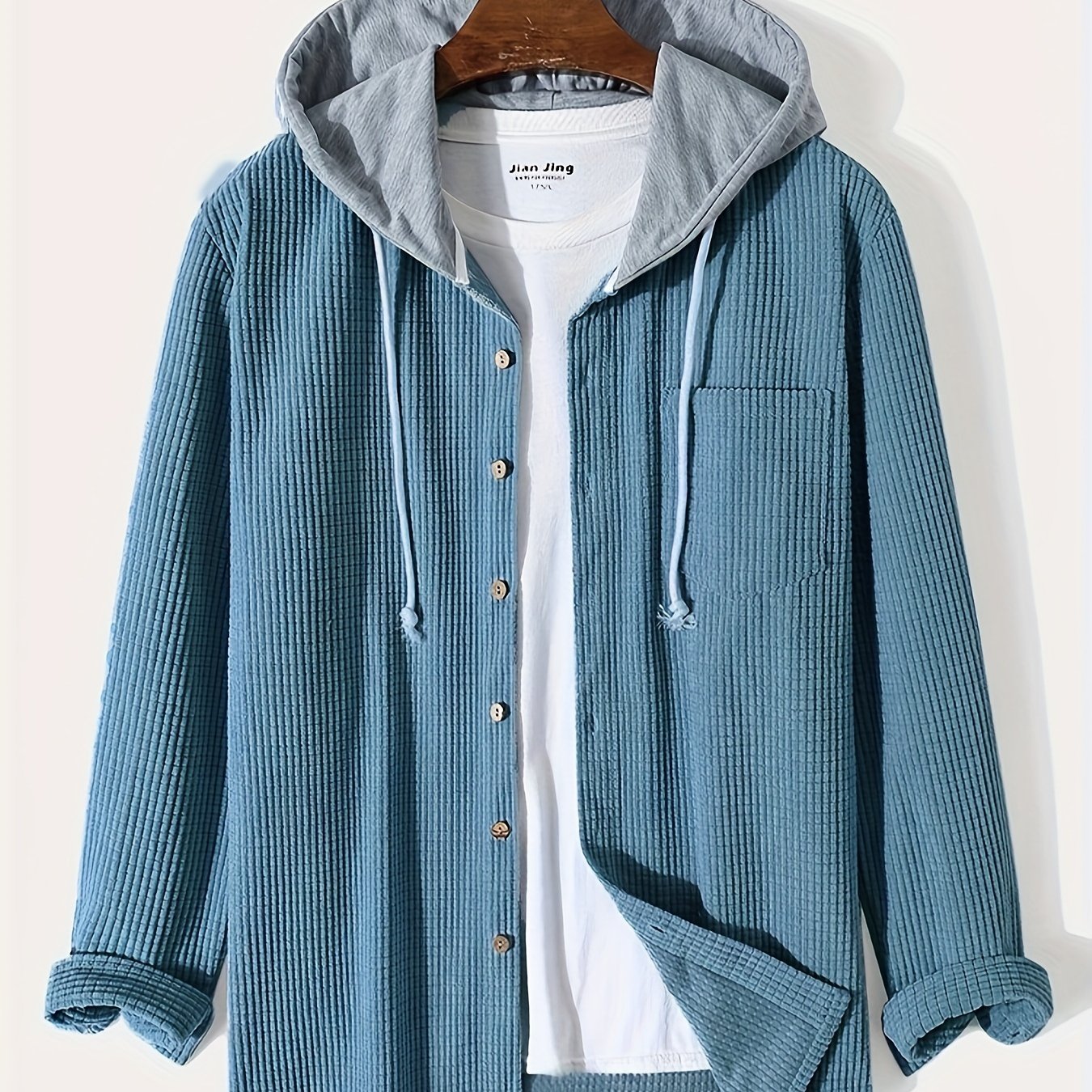 Antmvs Waffle Pattern Hoodie Shirt Coat For Men Long Sleeve Casual Regular Fit Button Up Hooded Shirts Jacket