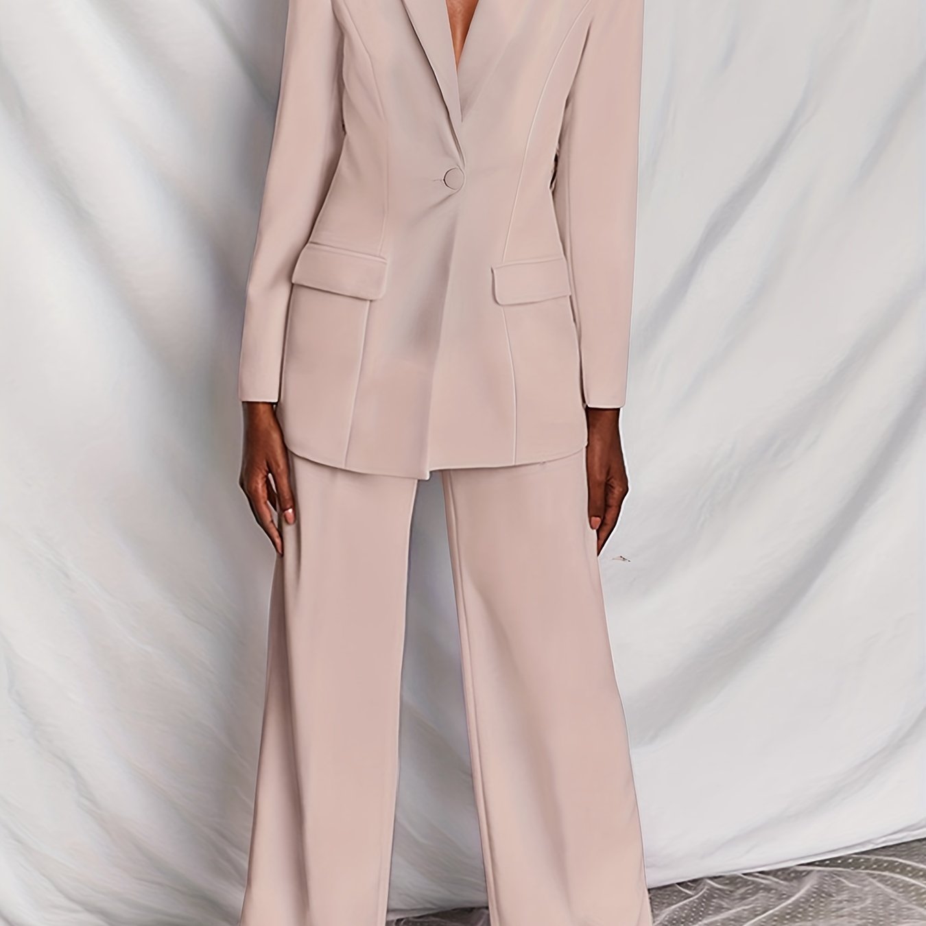 Antmvs Plus Size Basic Suit Set, Women's Plus Solid Long Sleeve Lapel Collar Workwear Blazer & Wide Leg Pants Suit 2 Piece Set