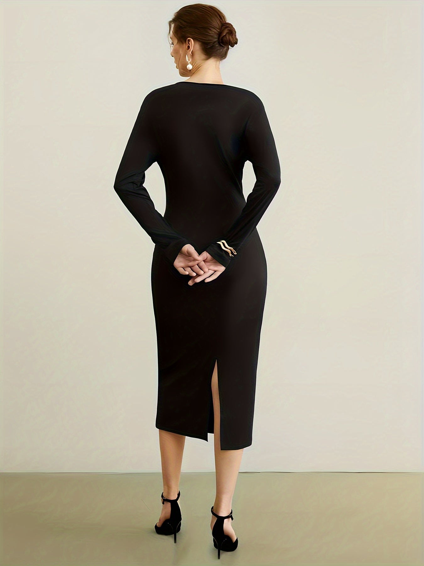 Antmvs Split Solid Bodycon Dress, Casual Crew Neck Long Sleeve Midi Dress, Women's Clothing