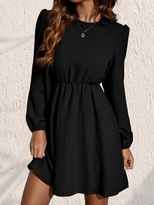 Antmvs Cinched Waist Solid Dress, Elegant Crew Neck Lantern Sleeve Dress, Women's Clothing