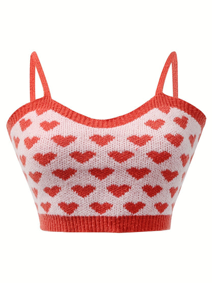 Antmvs Y2K Heart Print Two-piece Set, Cropped Long Sleeve Sweater & Sleeveless Knit Cami Top Outfits, Women's Clothing