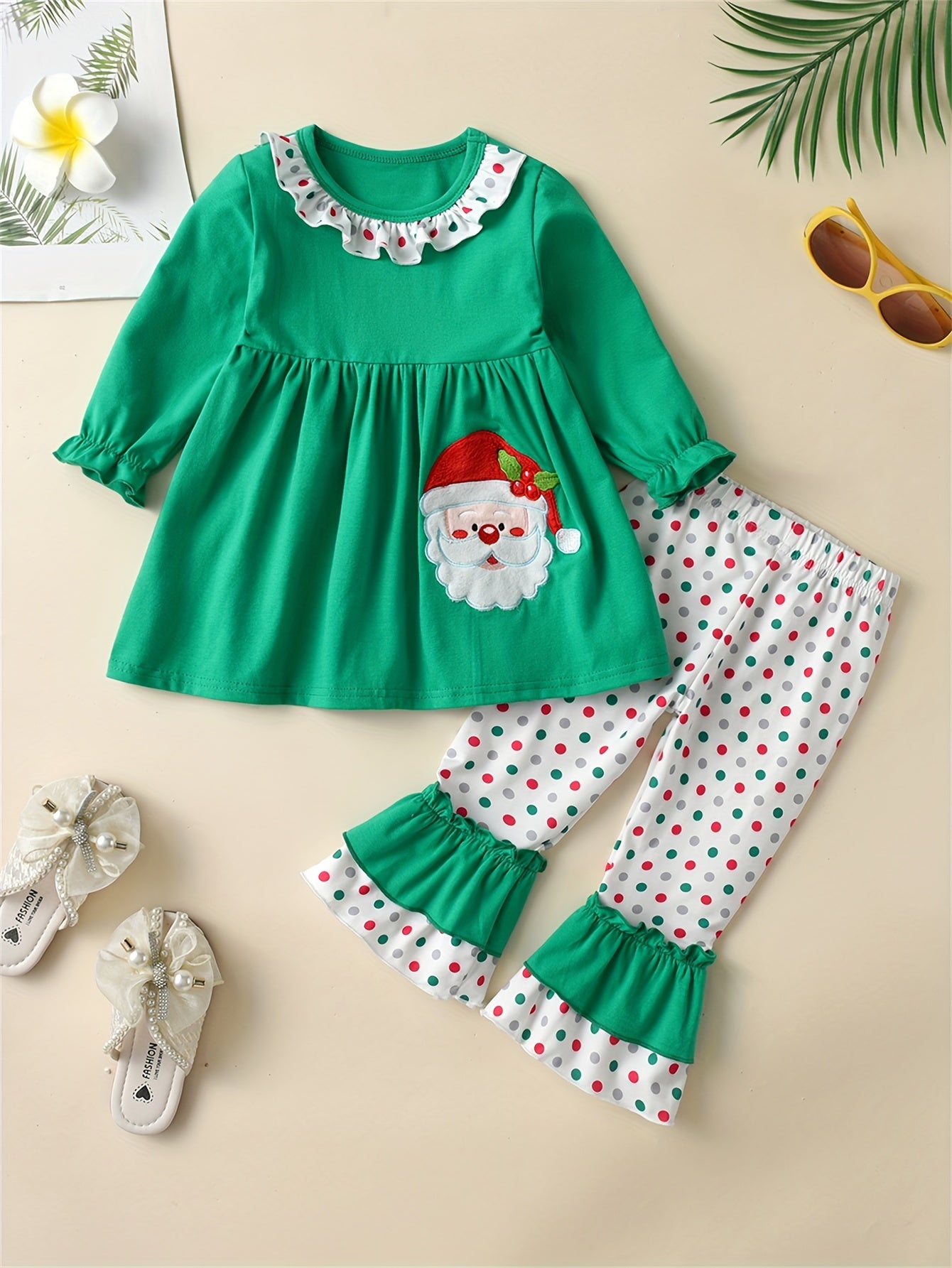 2pcs Girl's Santa Patched Outfit, Peplum Top & Polka Dots Pattern Flared Pants Set, Toddler Kid's Outdoor Clothes For Spring Fall