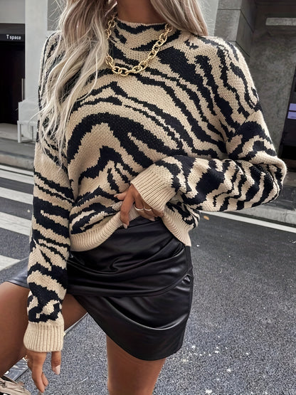 Antmvs Zebra Pattern Mock Neck Pullover Sweater, Casual Long Sleeve Sweater For Fall & Winter, Women's Clothing
