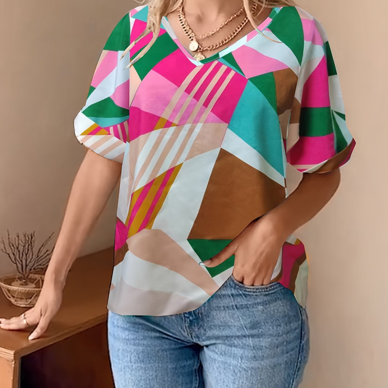 Antmvs  Abstract Print V Neck Blouse, Casual Short Sleeve Blouse For Spring & Summer, Women's Clothing