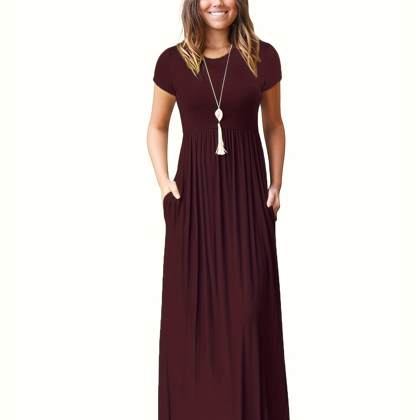 Antmvs Pleated Maxi Dress, Casual Crew Neck Short Sleeve Dress With Pockets, Women's Clothing