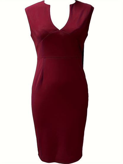 Antmvs Solid V Neck Dress, Elegant Sleeveless Bodycon Work Office Dress, Women's Clothing