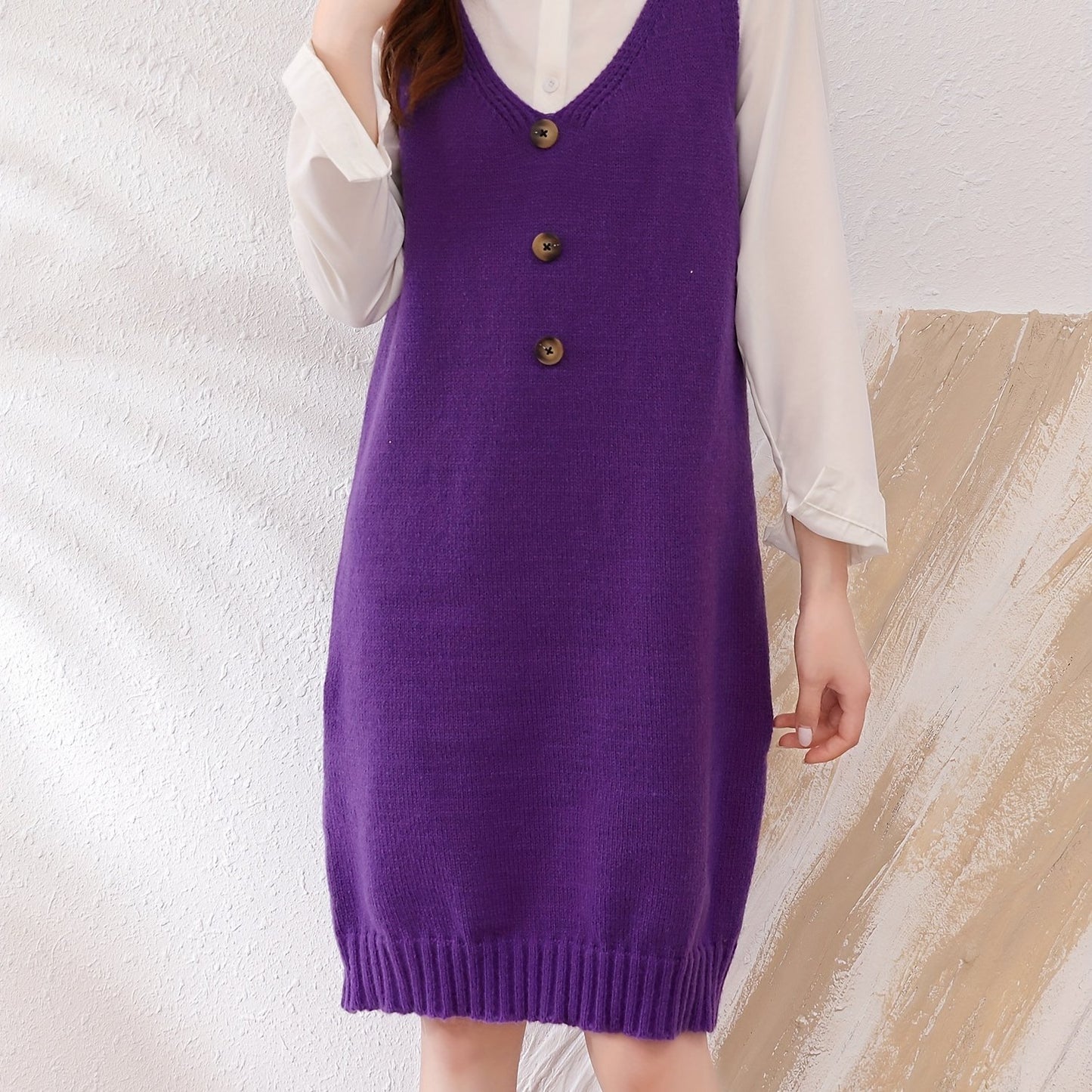 Antmvs Plunging Solid Midi Dress, Elegant Sleeveless Knitted Dress With Buttons, Women's Clothing