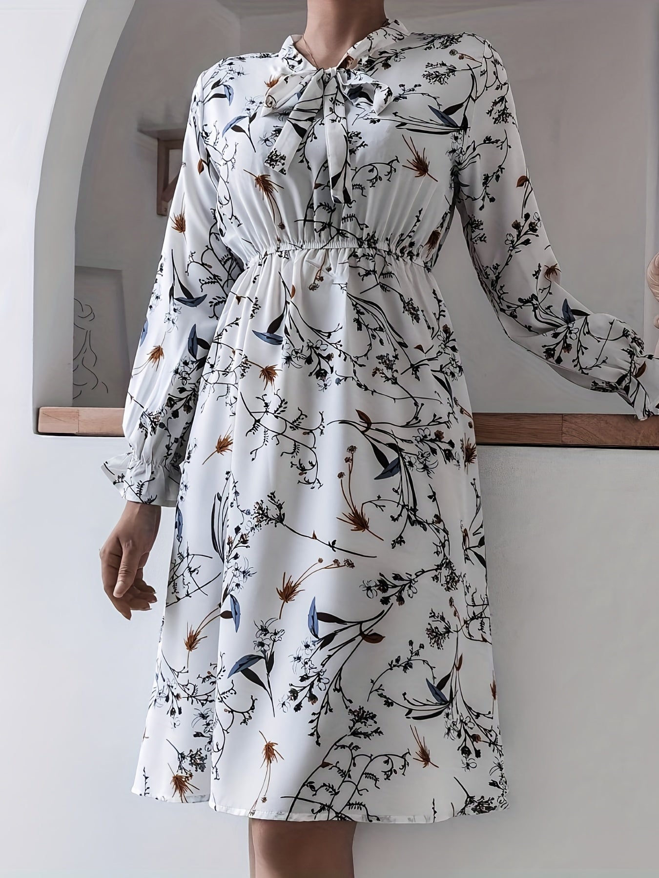 Antmvs Floral Print Tie Front Dress, Casual Long Sleeve Dress For Spring & Fall, Women's Clothing