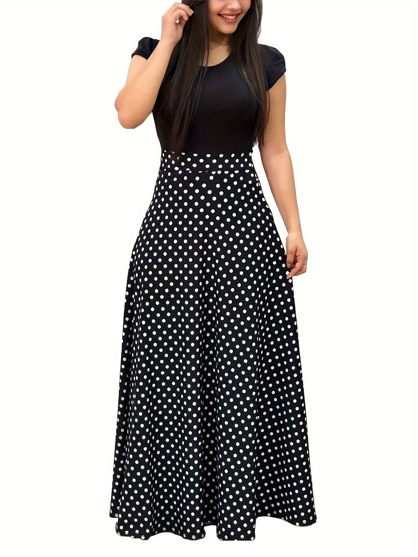 Antmvs Plus Size Colorblock Polka Dot Short Sleeve Maxi Dress, Women's Plus Elegant Medium Stretch Maxi Dress