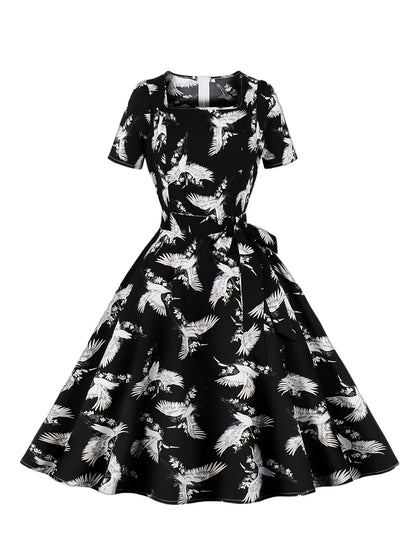 Antmvs Crane Print Tie Front Dress, Elegant Vintage Square Neck Short Sleeve Dress, Women's Clothing