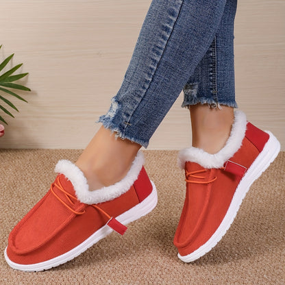 Women's Splicing Fluffy Loafers, Winter Warm Round Toe Slip On Flat Shoes, Cozy Low Top Snow Boots