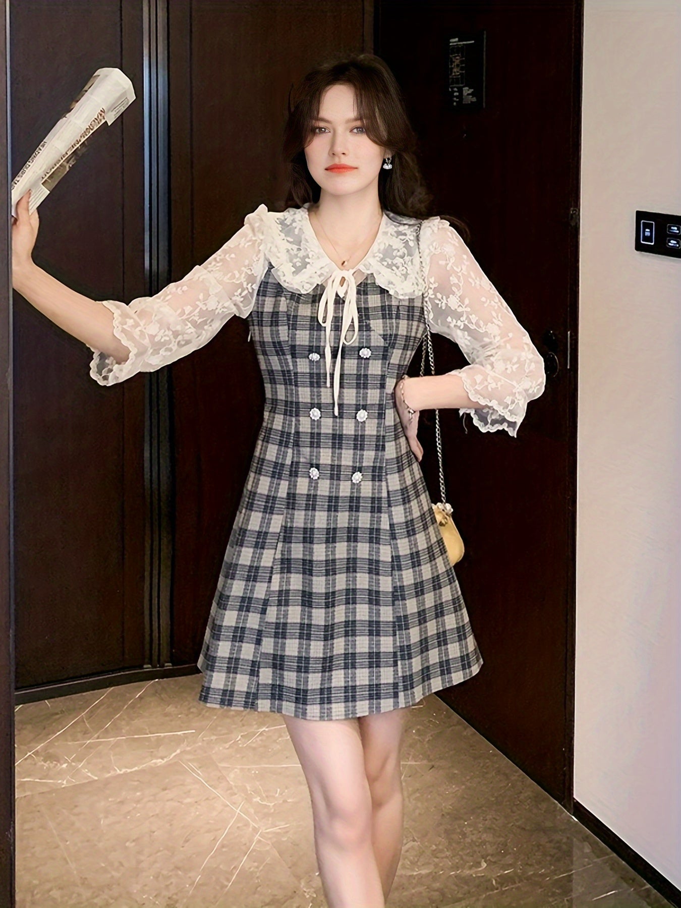 Antmvs Plaid Print Contrast Lace Dress, Elegant Bodycon Tie Front A Line Dress, Women's Clothing