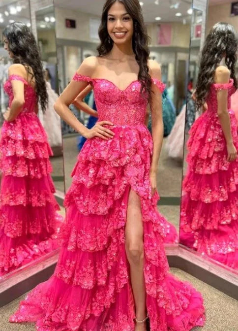 Women's Off The Shoulder Prom Dresses Long Ball Gown with Slit Sparkly Sequins Tiered Skirt Formal Party Gowns Evening Dress