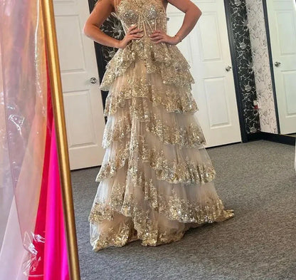 Women's Off The Shoulder Prom Dresses Long Ball Gown with Slit Sparkly Sequins Tiered Skirt Formal Party Gowns Evening Dress