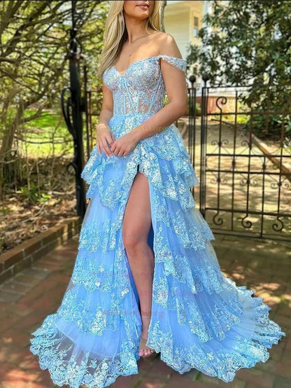 Women's Off The Shoulder Prom Dresses Long Ball Gown with Slit Sparkly Sequins Tiered Skirt Formal Party Gowns Evening Dress