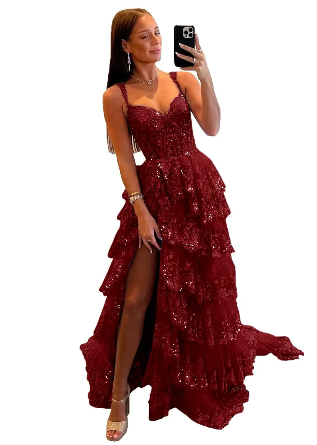 Women's Off The Shoulder Prom Dresses Long Ball Gown with Slit Sparkly Sequins Tiered Skirt Formal Party Gowns Evening Dress