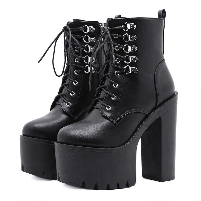 Thanksgiving  Antmvs  Ultra High Heels Women Motorcycle Boots Gothic Style   Rivet Black Soft Leather Plaform Chunky Heel Punk Knight Boots