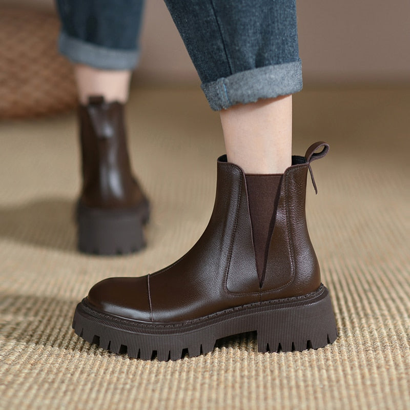 Antmvs  Autumn/Winter Fashion Women Boots Thick Heel Two Colors Retro Chelsea Boot Cow Leather Women Platform Boot Flat Women Shoes