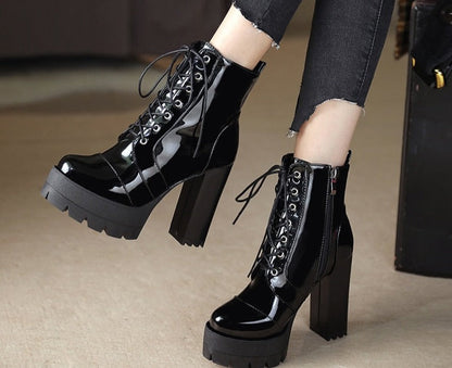 Antmvs   Thick High Heeled Female Patent Leather Ankle Boots Round Toe Lace-Up Zipper Women Short Boots Gothic Women Shoes