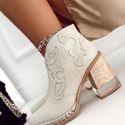 Antmvs   Leather Women Ankle Boots Women's Shoes Low Heel Cool British Embroidered Design Soft Short Boots Party Women Footwear