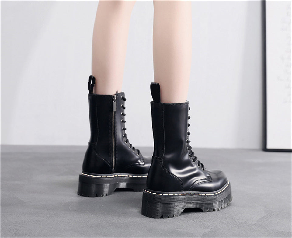 antmvs  Brand Women Platform Boots Winter Genuine Leather Motorcycle Boot Wedges Female Lace Up Zipper Combat Boots Black High-Top Shoes