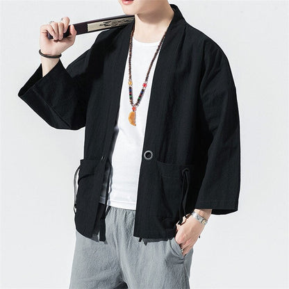 Spring Men's Linen Kimono Fashion Loose Long Cardigan Outerwear Vintage Coat Male Jackets With Belt Casual Overcoat JE026