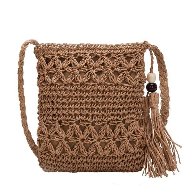 Antmvs Antmvs   Women Beach Woven Straw Shoulder Messenger Bag with Tassel Boho Hollow Out Crochet Crossbody Handbag Macrame Clutch Purse with